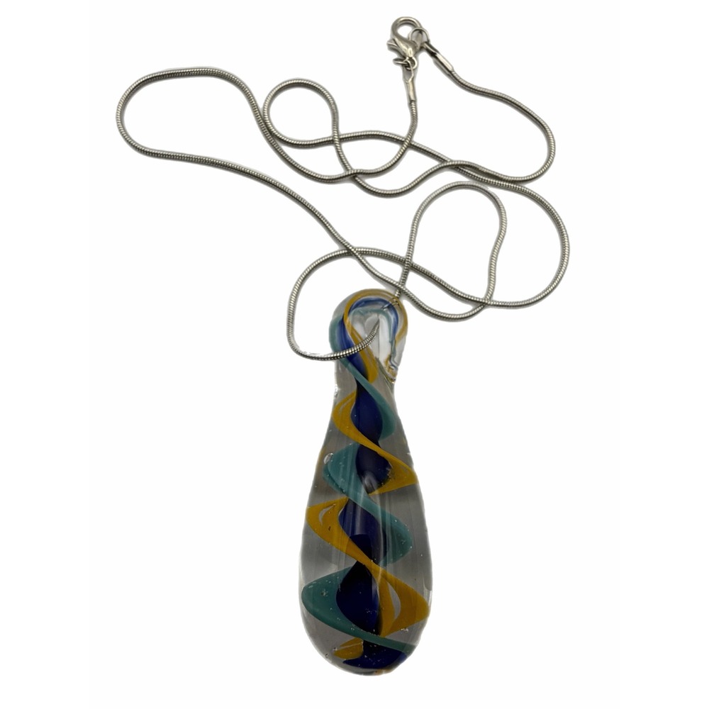 Hand Blown Glass Teardrop Pendant Necklace Blue Yellow Spiral Snake Chain